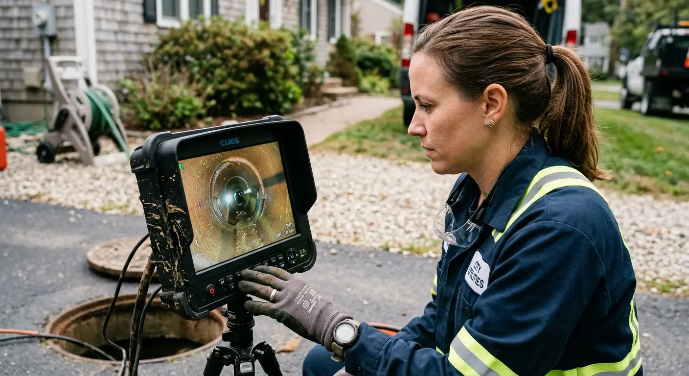 Technician reviewing sewer camera inspection footage in Osage Beach