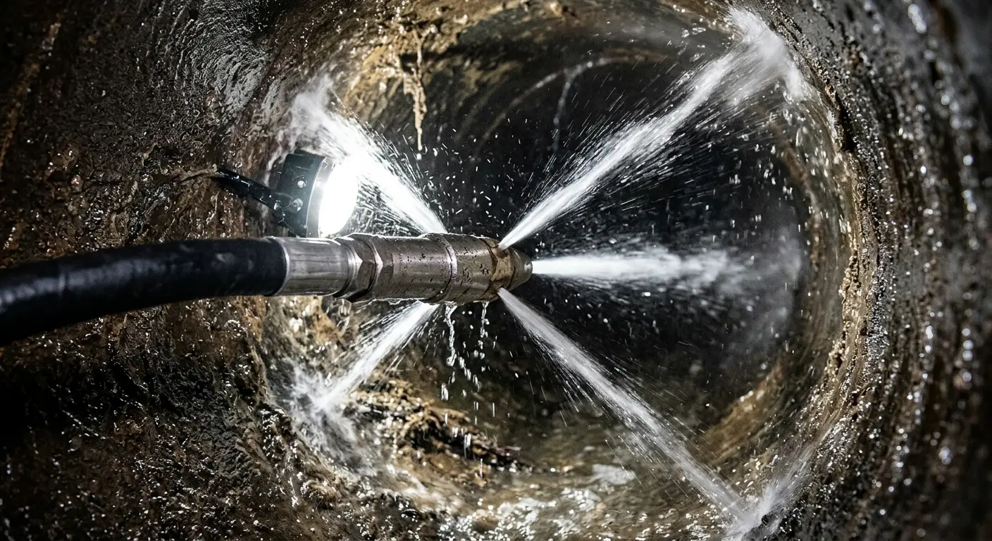 High-pressure hydro jetting nozzle cleaning sewer pipe for Storm Drain Cleaning in Osage Beach