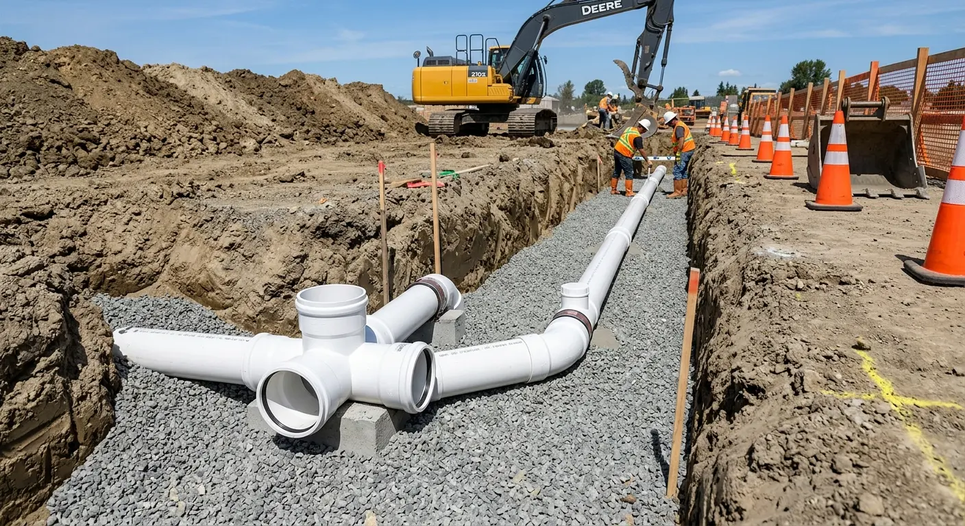 New PVC sewer pipe installation in open trench for Sewer Camera Inspection in Osage Beach