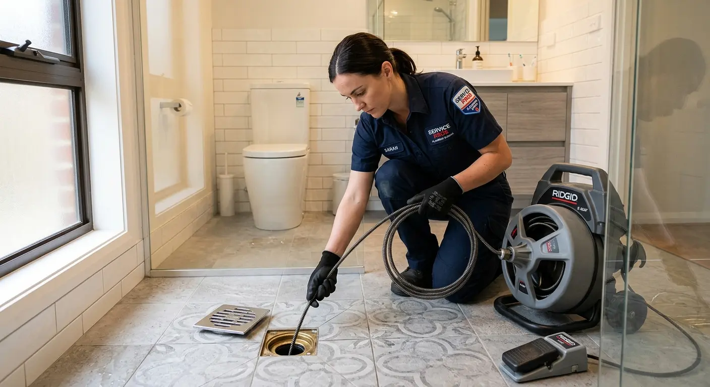 Technician clearing a bathroom floor drain for Sewer Line Installation in Osage Beach